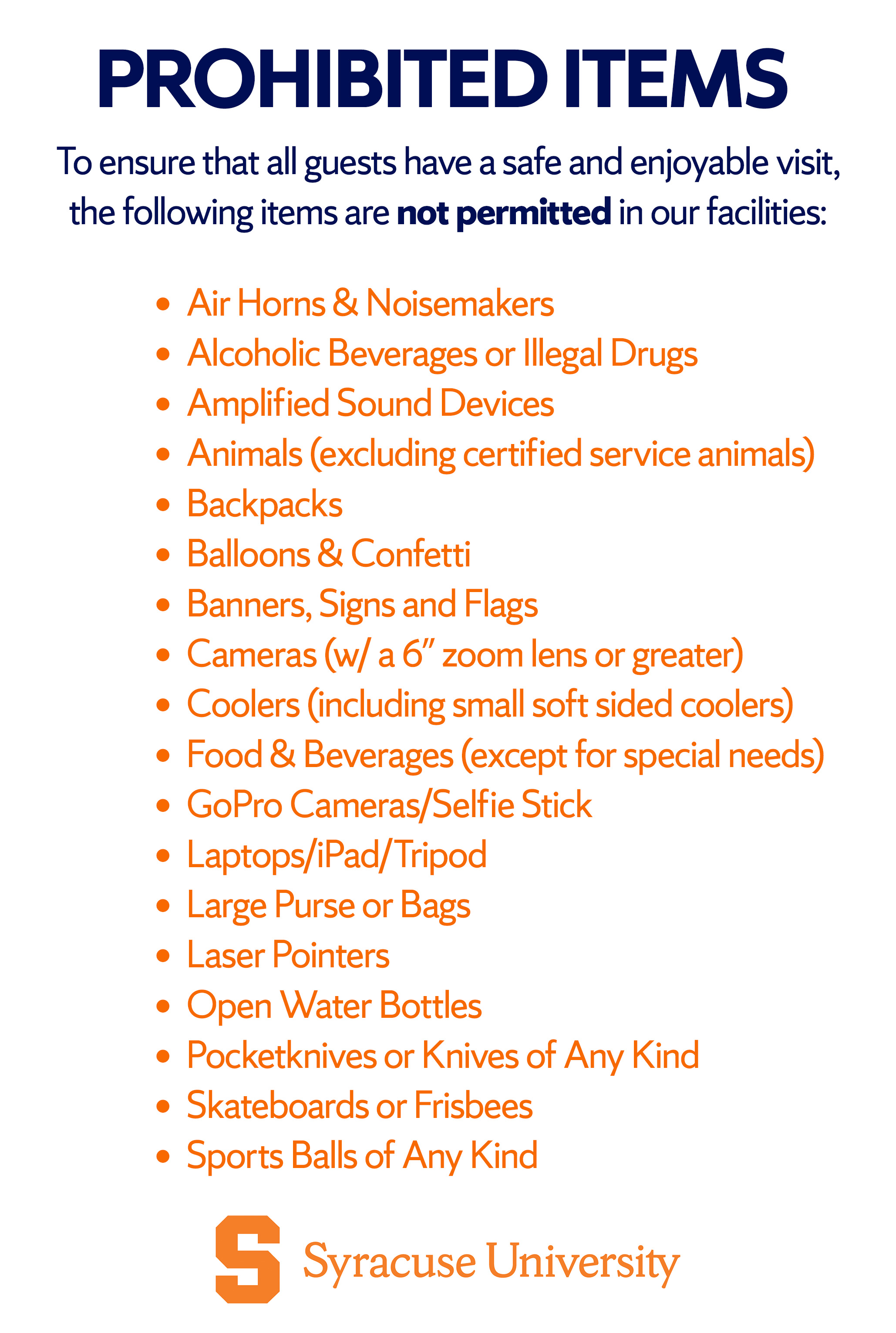 Graphic image that outlines prohibited items including banners, signs and flags as well as amplified sound devices