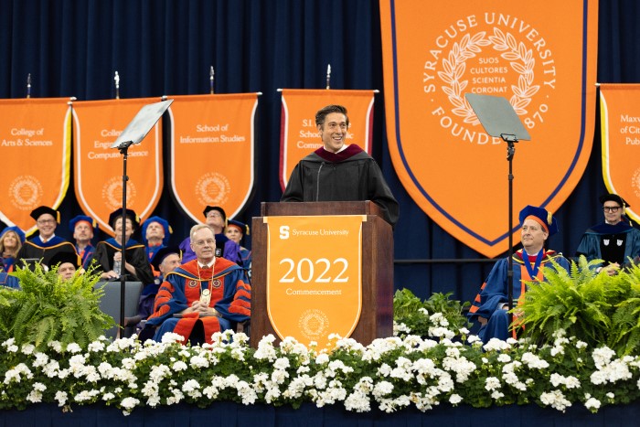 Commencement Speaker, David Muir, addresses the Class of 2022 from the podium